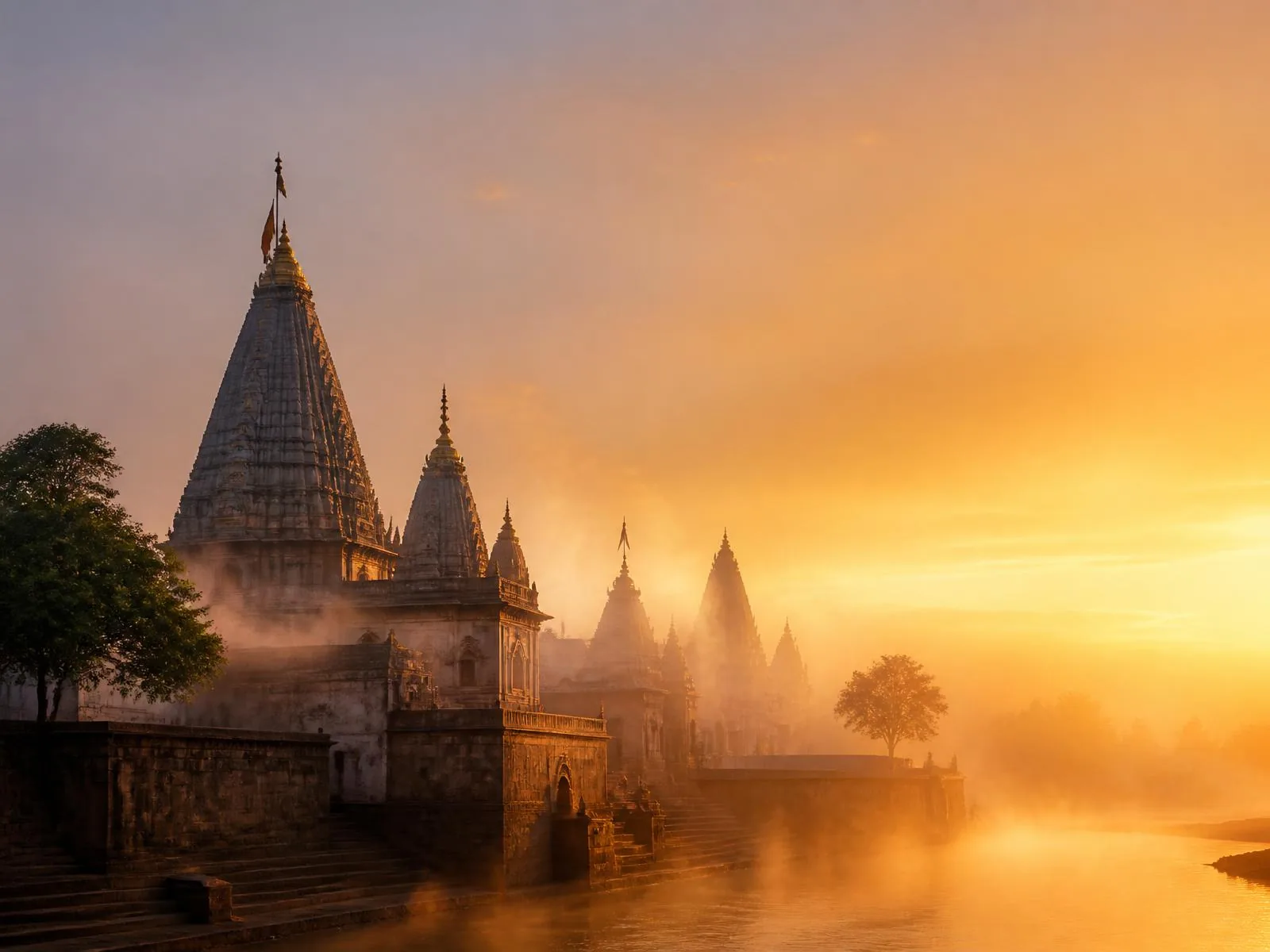 Vitthal Rukmini temple at Pandharpur bathed in golden sunrise fog